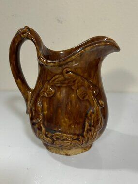 Antique Bennington Rockingham Glaze Yellow Ware Pitcher 19th C. Raised Relief